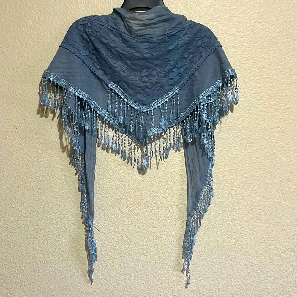 Elegant Blue Fringed Shawl